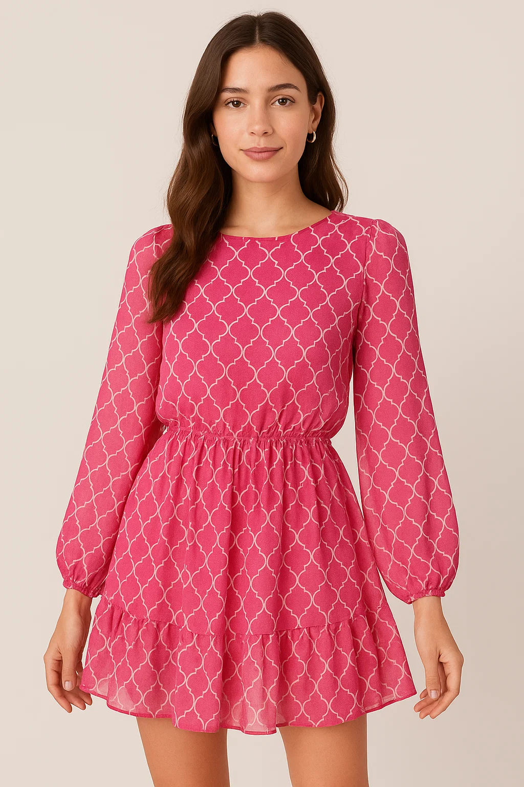 Pink Quatrefoil Patterns Digital Printed Fabric - Pure Georgette