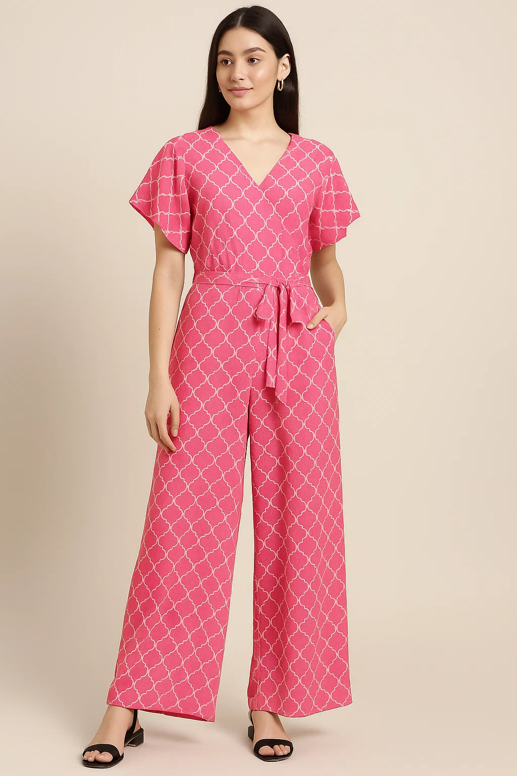 Pink Quatrefoil Patterns Digital Printed Fabric - Pure Georgette