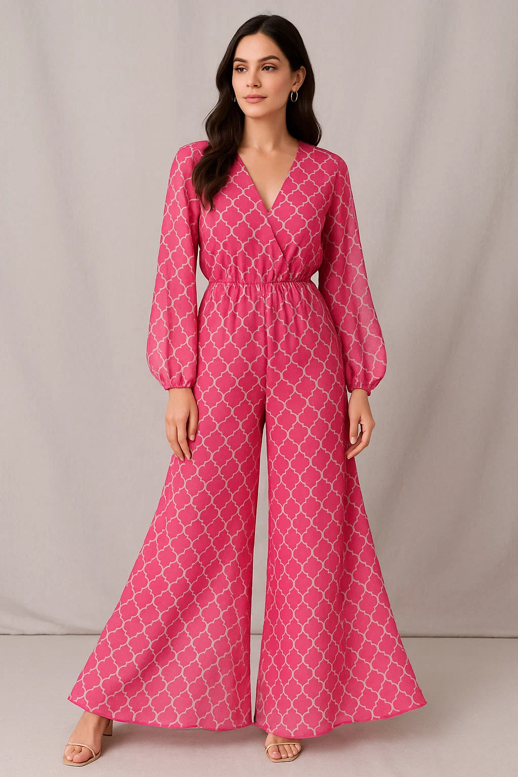 Pink Quatrefoil Patterns Digital Printed Fabric - Pure Georgette