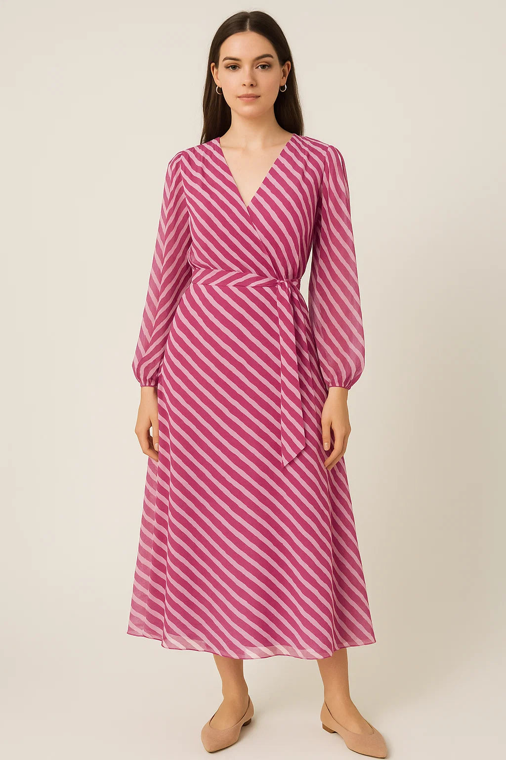 Pink Breton Stripes Pattern Digital Printed Fabric - Pure Georgette