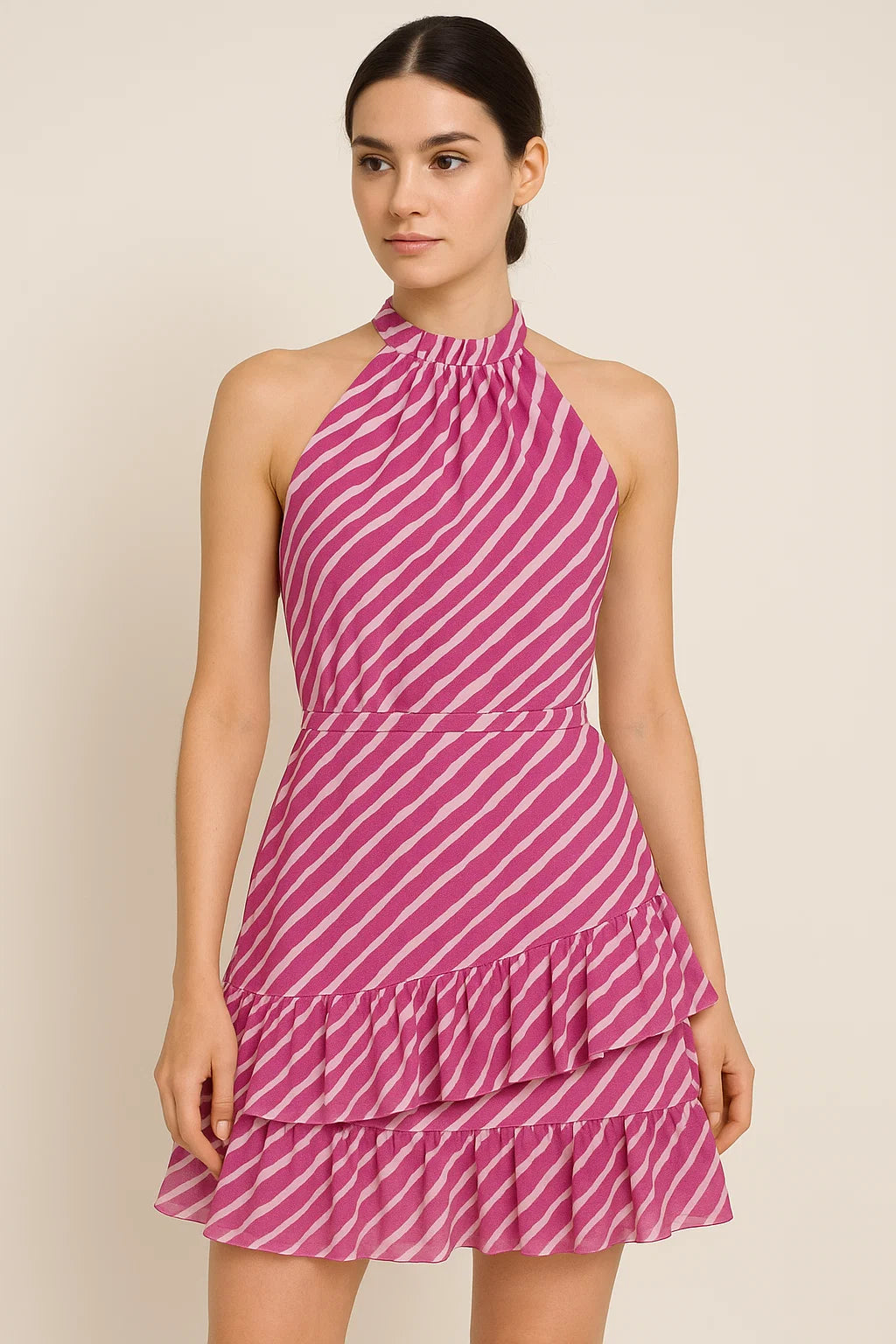 Pink Breton Stripes Pattern Digital Printed Fabric - Pure Georgette