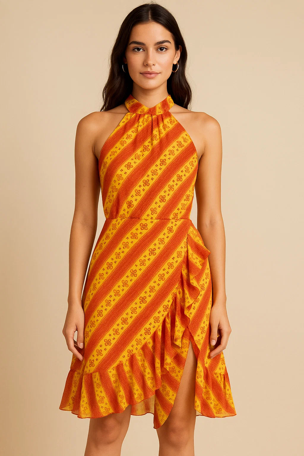 Tiny Red And Yellow Doted Flower Digital Printed Fabric - Pure Georgette