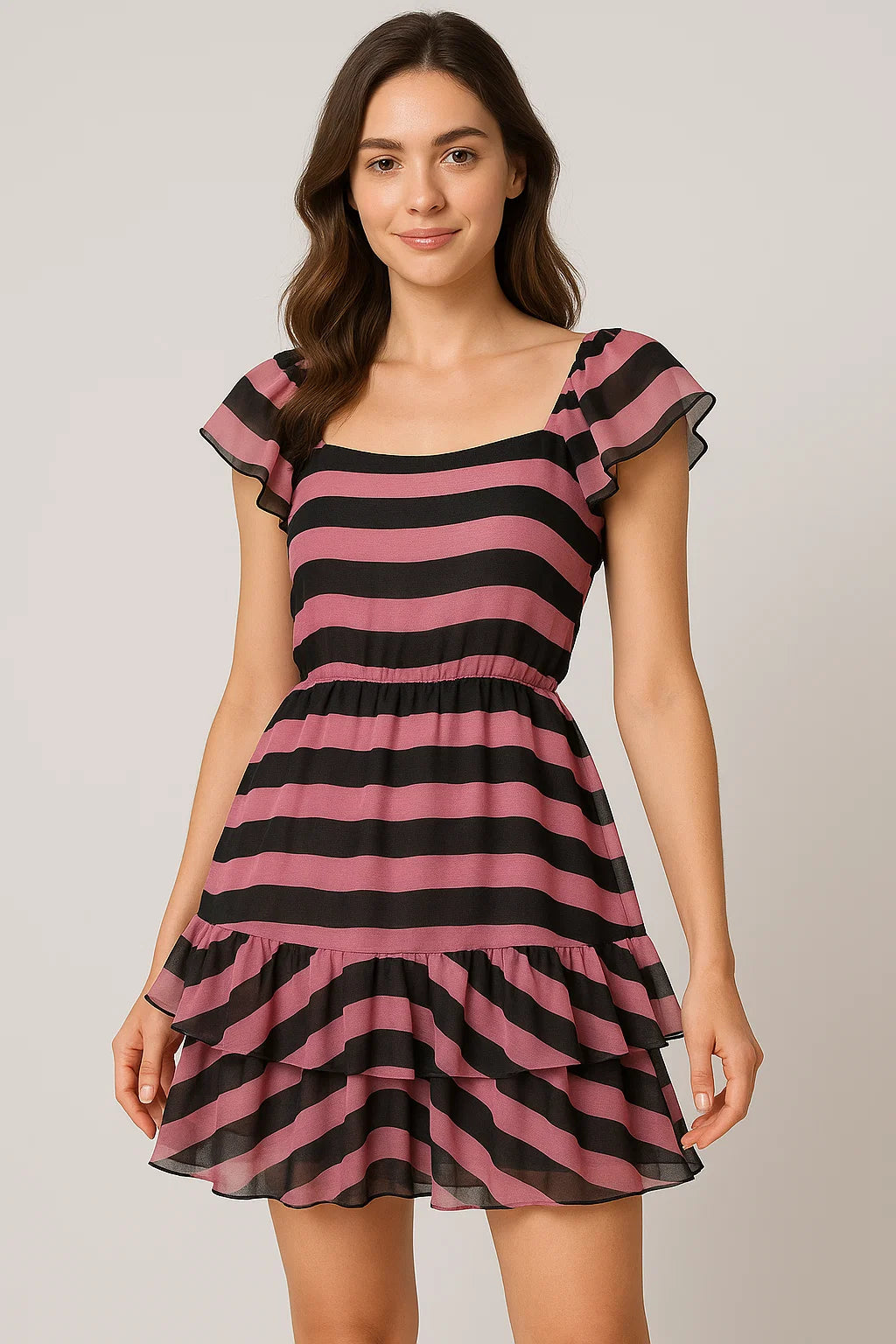 Bayadere Stripes Black With Pink Digital Printed Fabric - Pure Georgette