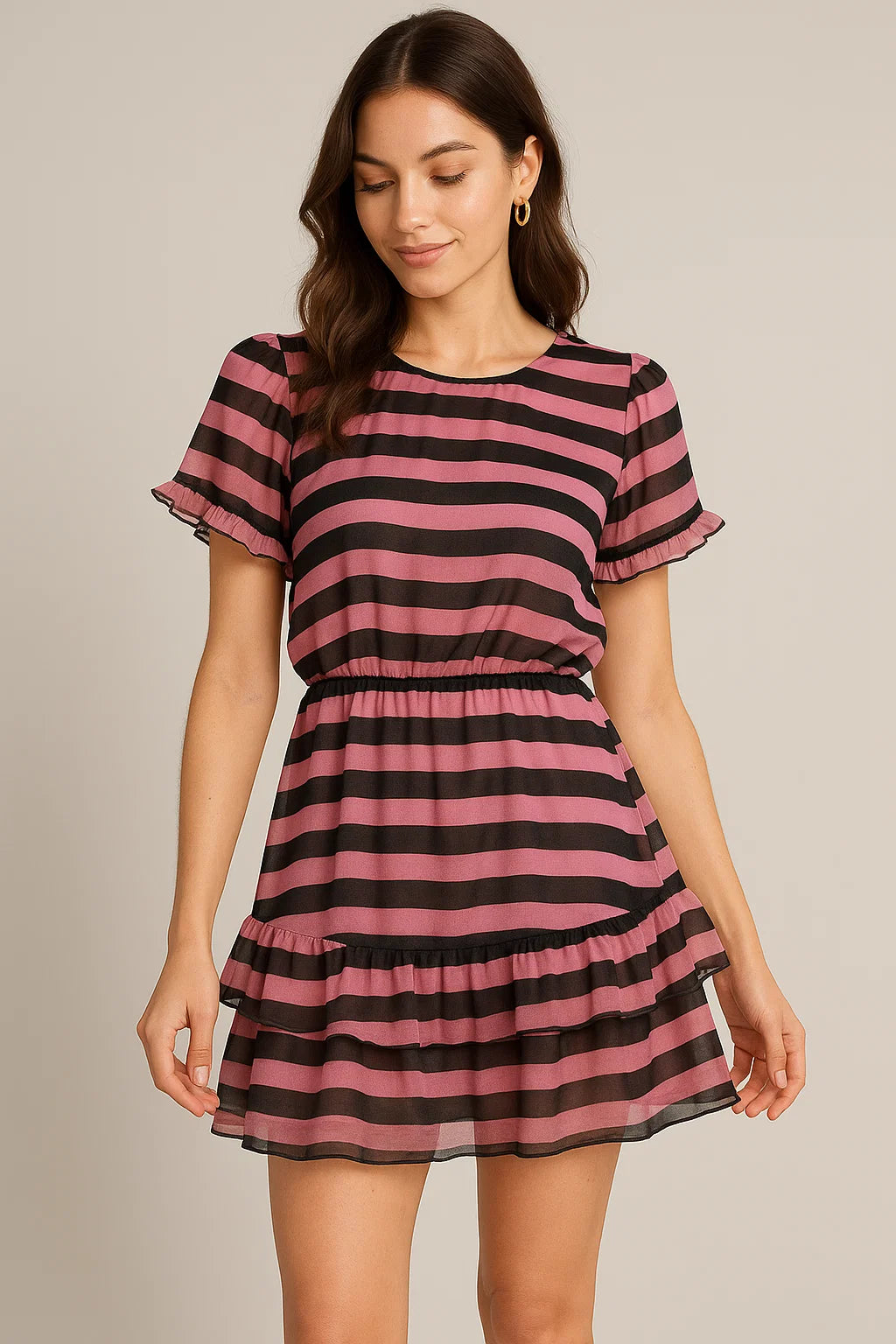 Bayadere Stripes Black With Pink Digital Printed Fabric - Pure Georgette