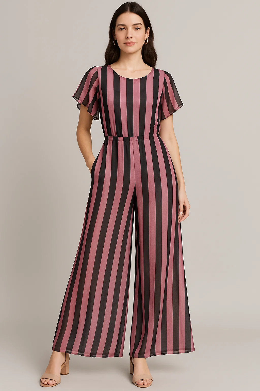 Bayadere Stripes Black With Pink Digital Printed Fabric - Pure Georgette