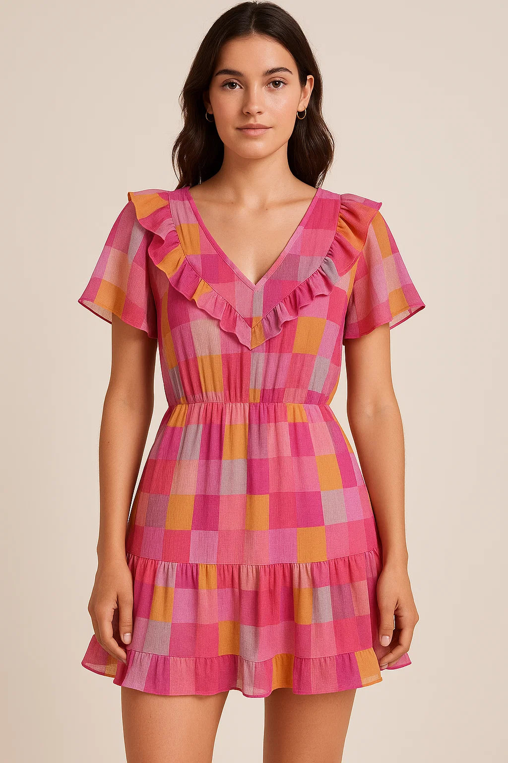 Buffalo Checks Pink And Yellow Digital Printed Fabric - Pure Georgette