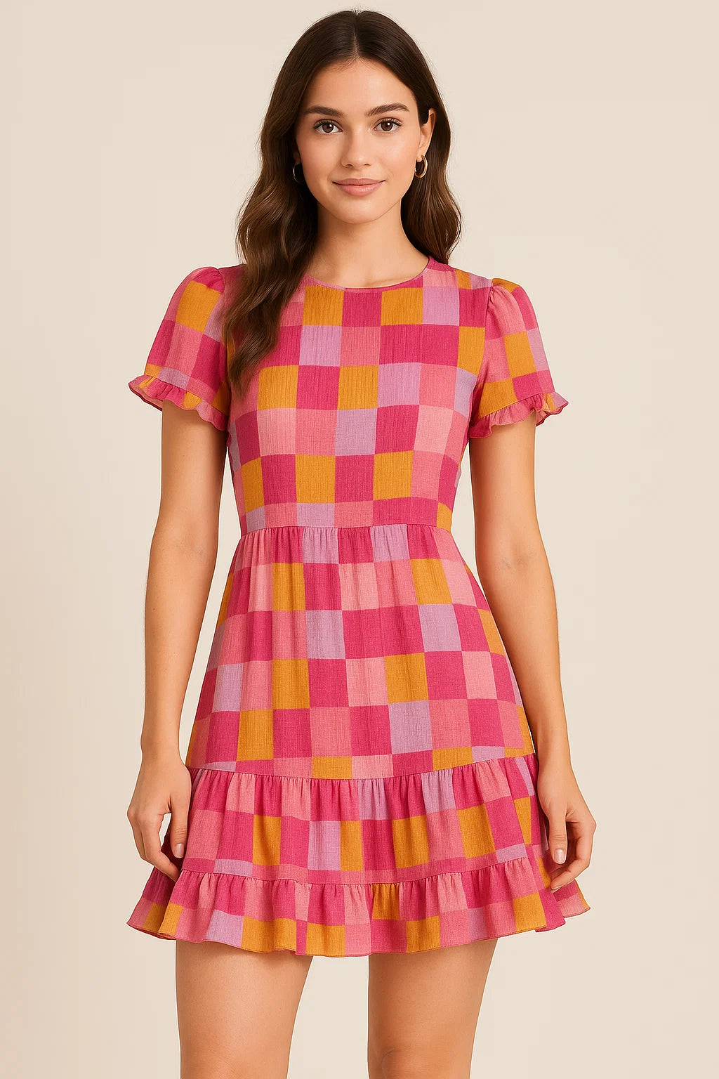 Buffalo Checks Pink And Yellow Digital Printed Fabric - Pure Georgette