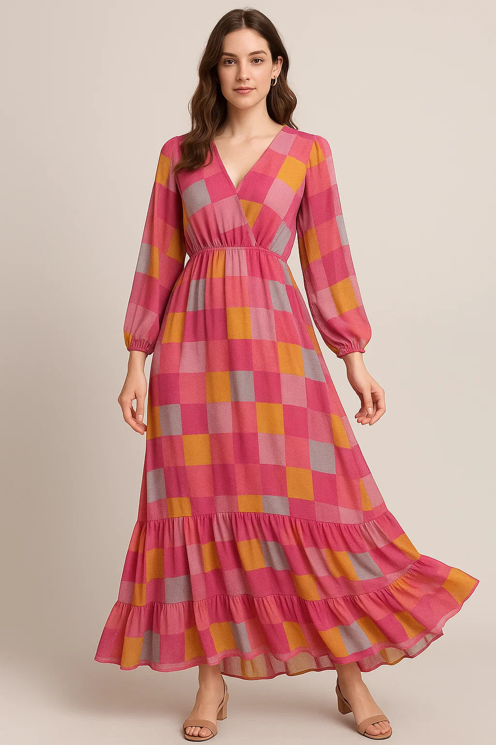 Buffalo Checks Pink And Yellow Digital Printed Fabric - Pure Georgette