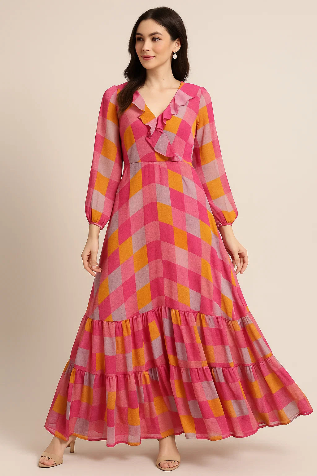 Buffalo Checks Pink And Yellow Digital Printed Fabric - Pure Georgette