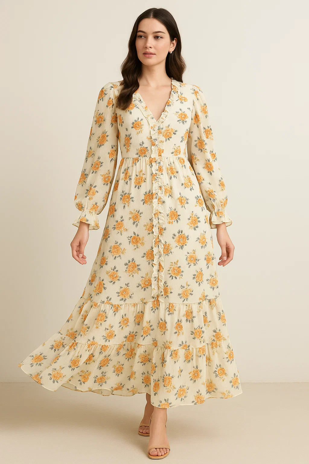 Yellow Lonicera Grey Leafs Digital Printed Fabric - Pure Georgette