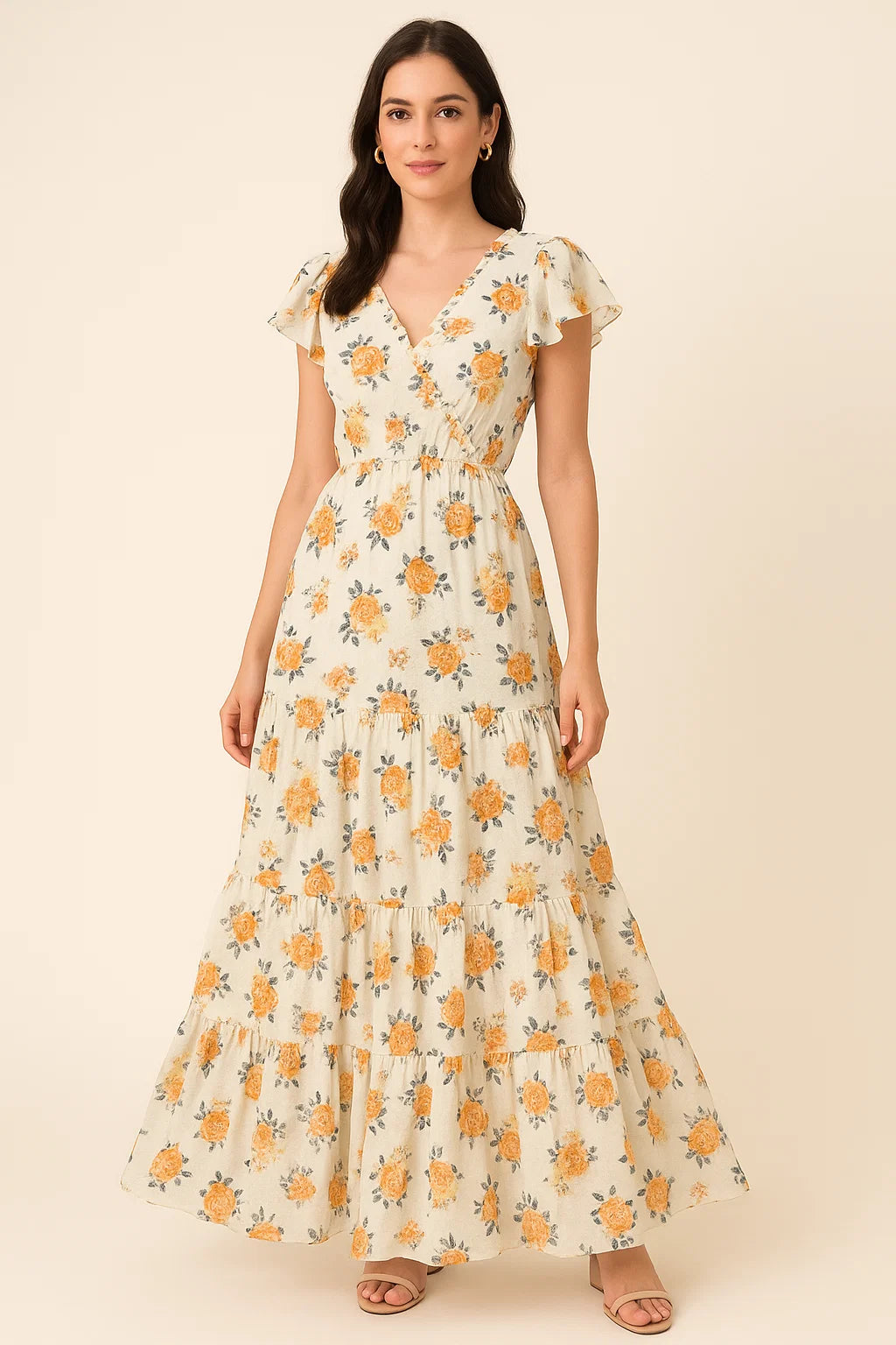 Yellow Lonicera Grey Leafs Digital Printed Fabric - Pure Georgette