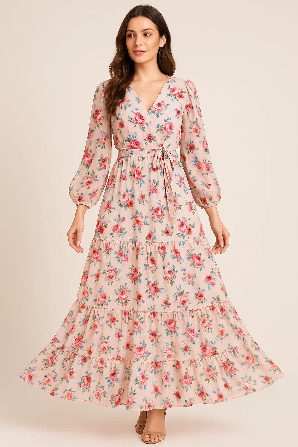 Exotic Blooms Water Color Cream Rose Digital Printed Fabric - Pure Georgette