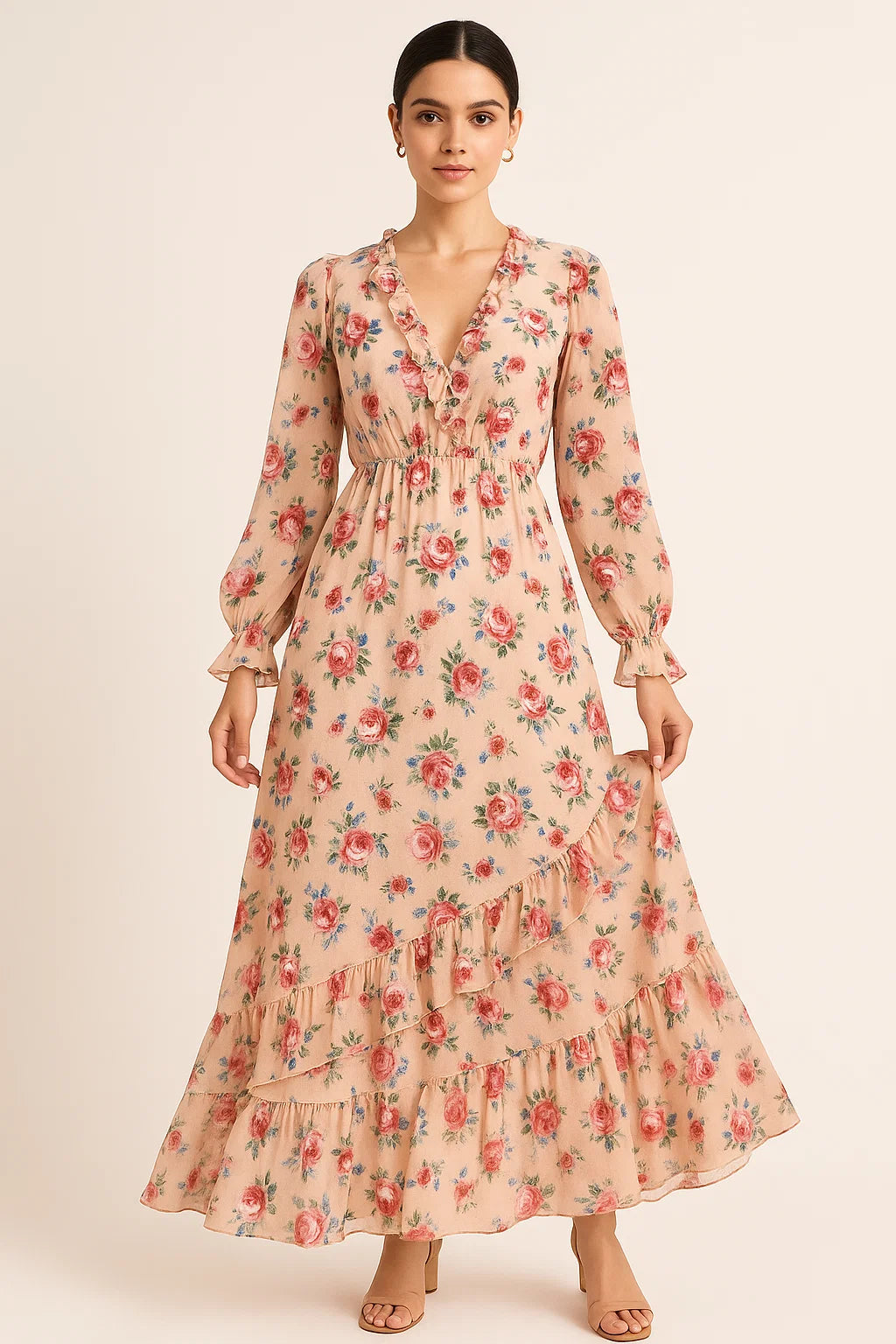 Exotic Blooms Water Color Cream Rose Digital Printed Fabric - Pure Georgette