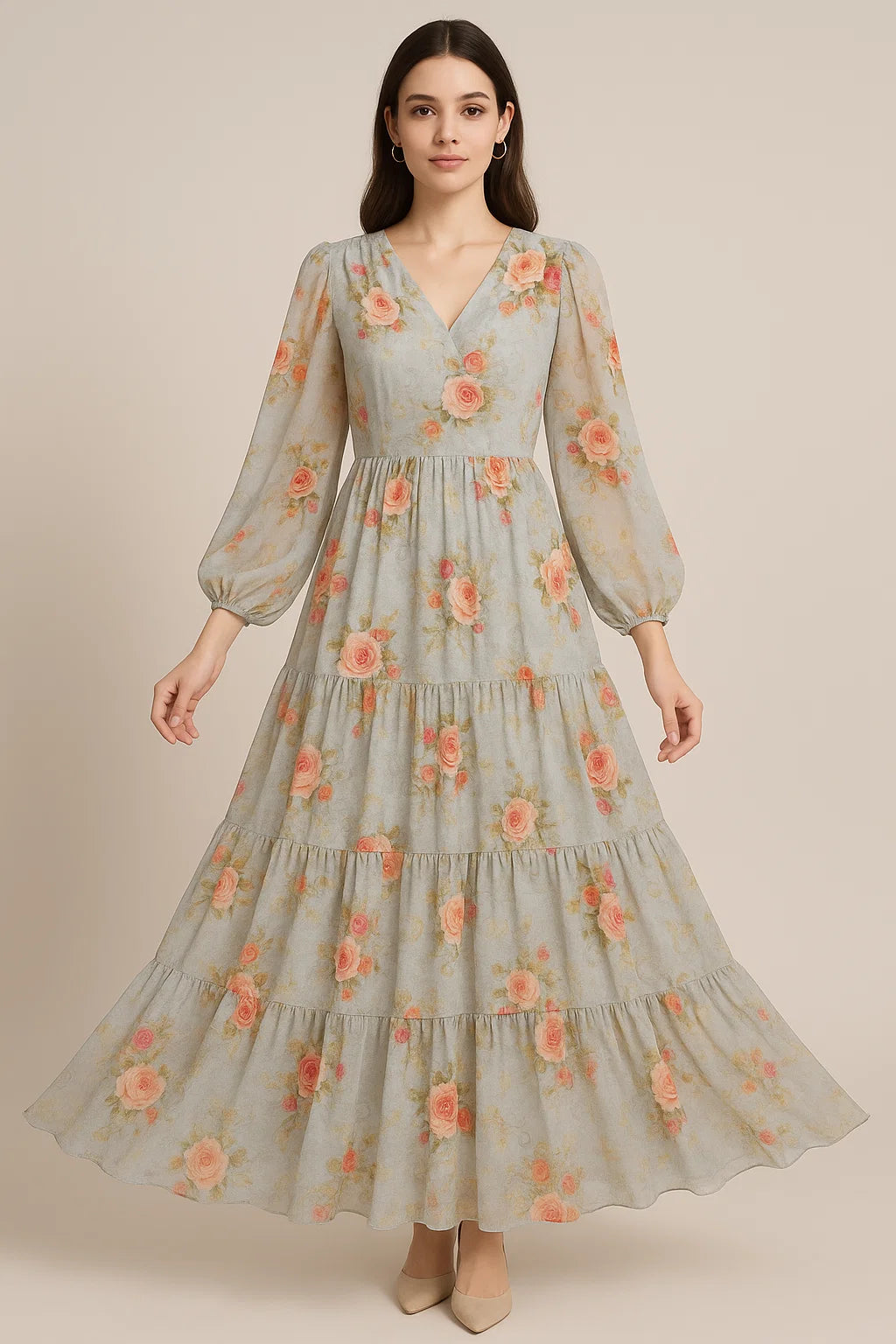 Bright Vintage Pink With Orange Rose Digital Printed Fabric - Pure Georgette