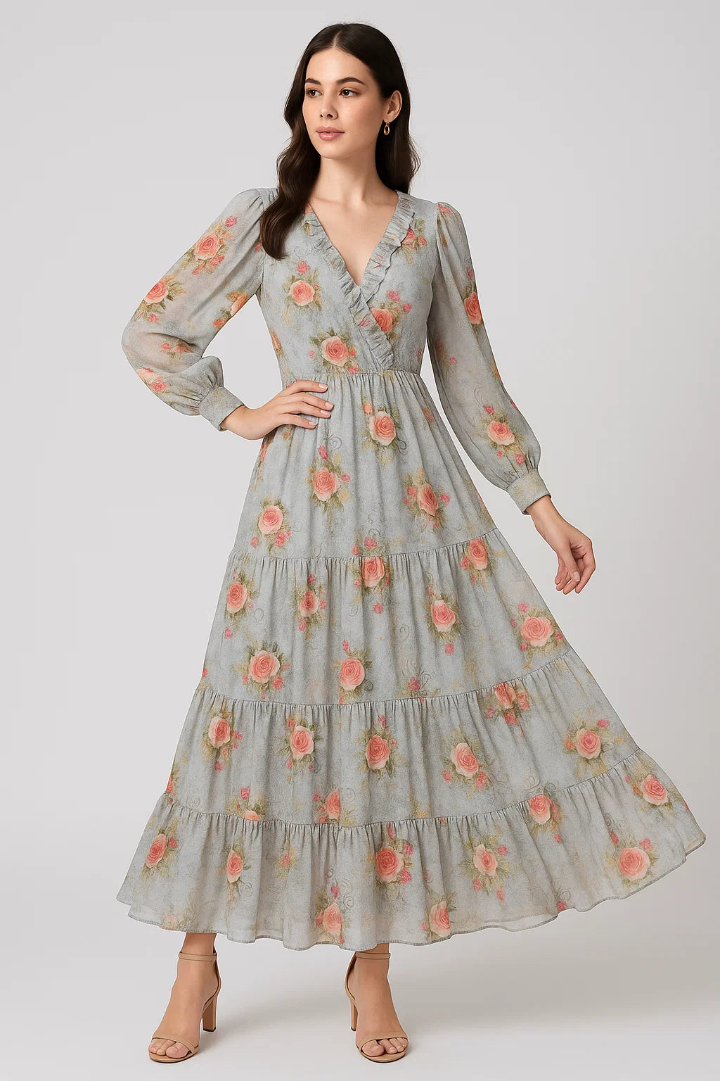 Bright Vintage Pink With Orange Rose Digital Printed Fabric - Pure Georgette