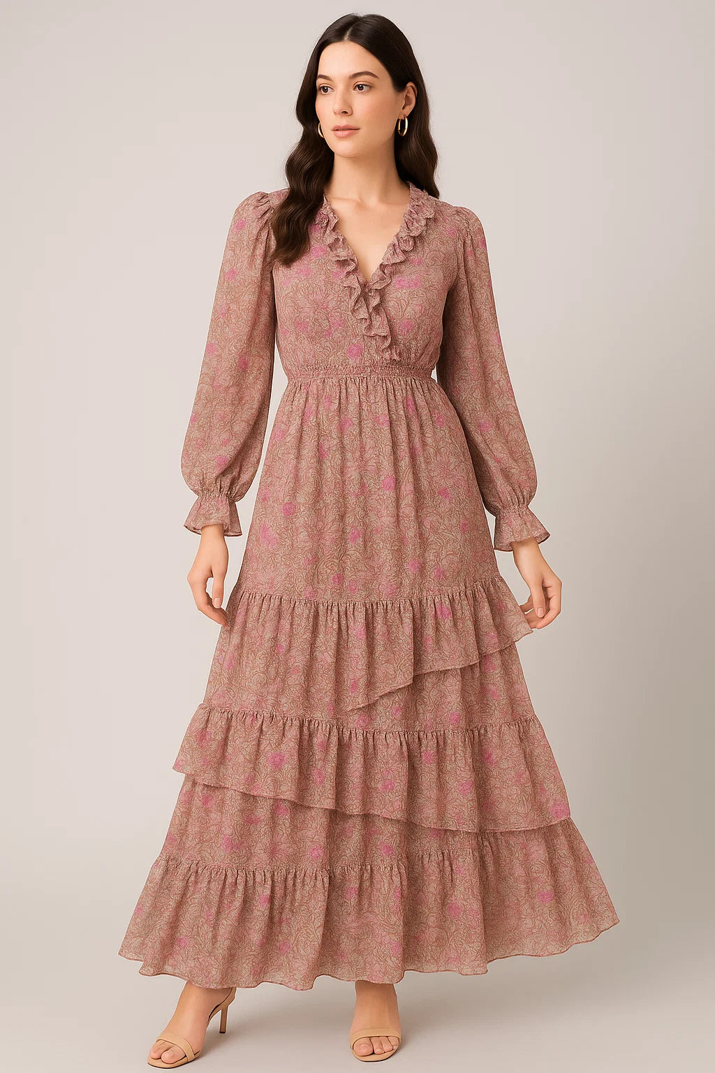 Festive Curve Design Pink Doted Flower Digital Printed Fabric - Pure Georgette