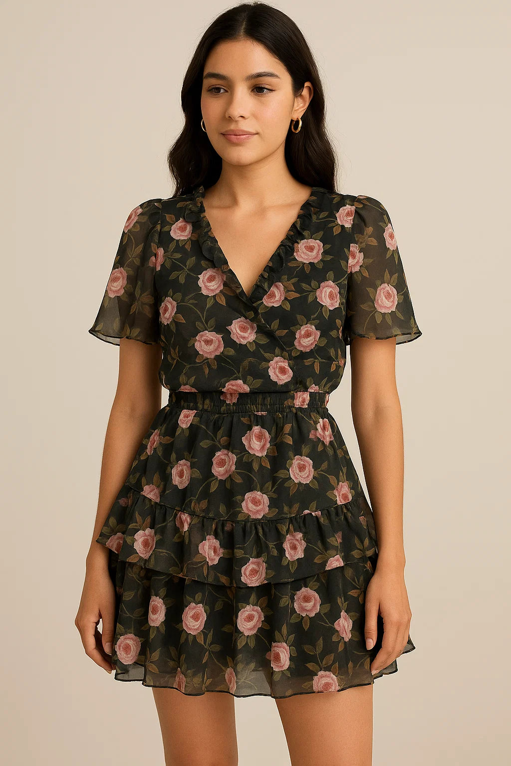 Ditsy Pink Rose With Green Leaves Digital Printed Fabric - Pure Georgette