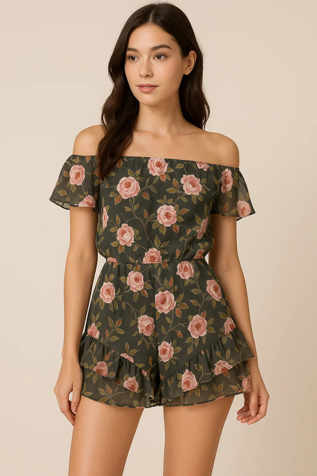 Ditsy Pink Rose With Green Leaves Digital Printed Fabric - Pure Georgette