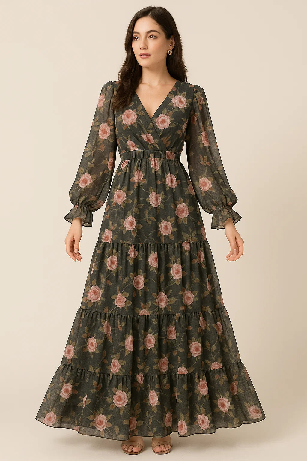 Ditsy Pink Rose With Green Leaves Digital Printed Fabric - Pure Georgette