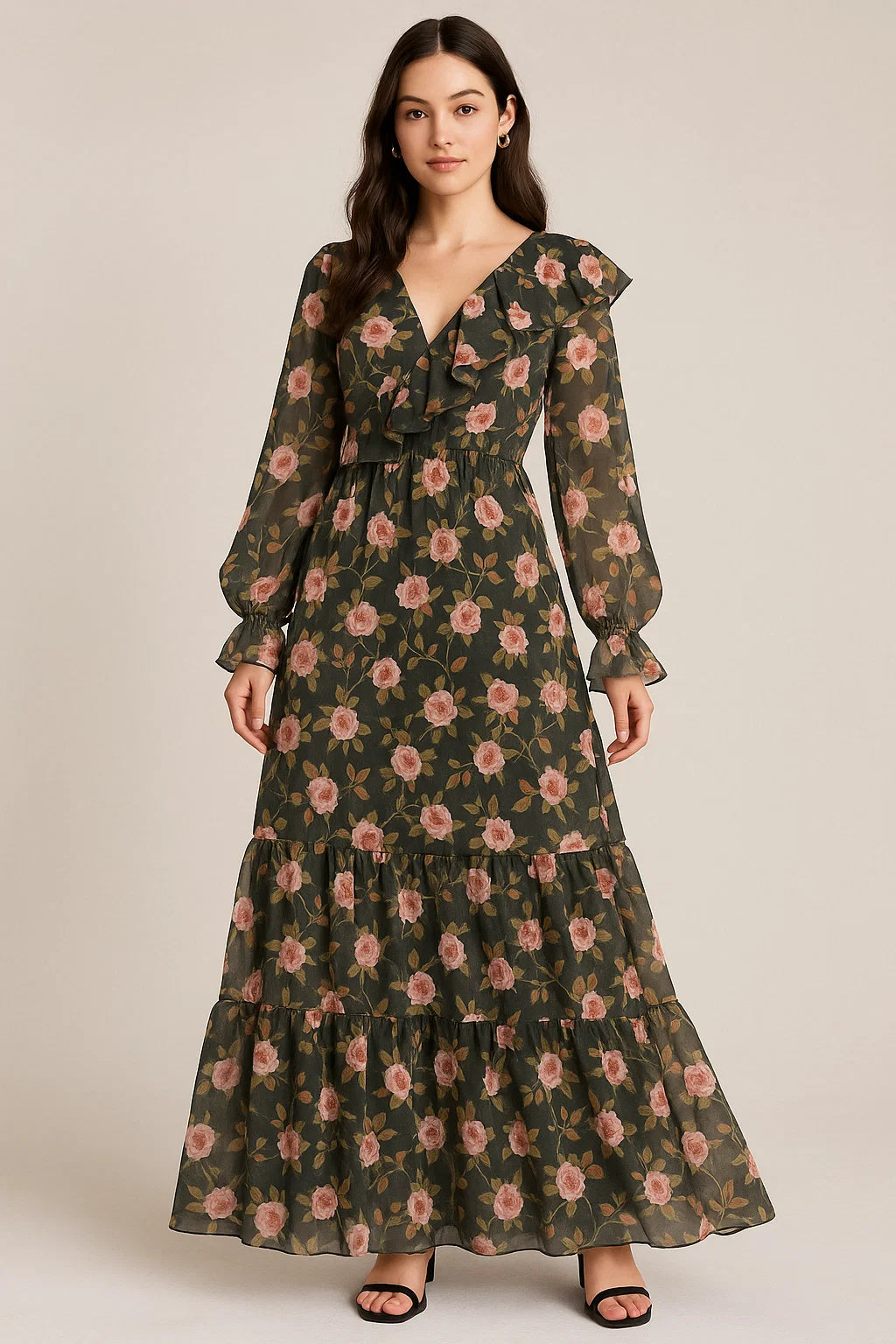 Ditsy Pink Rose With Green Leaves Digital Printed Fabric - Pure Georgette