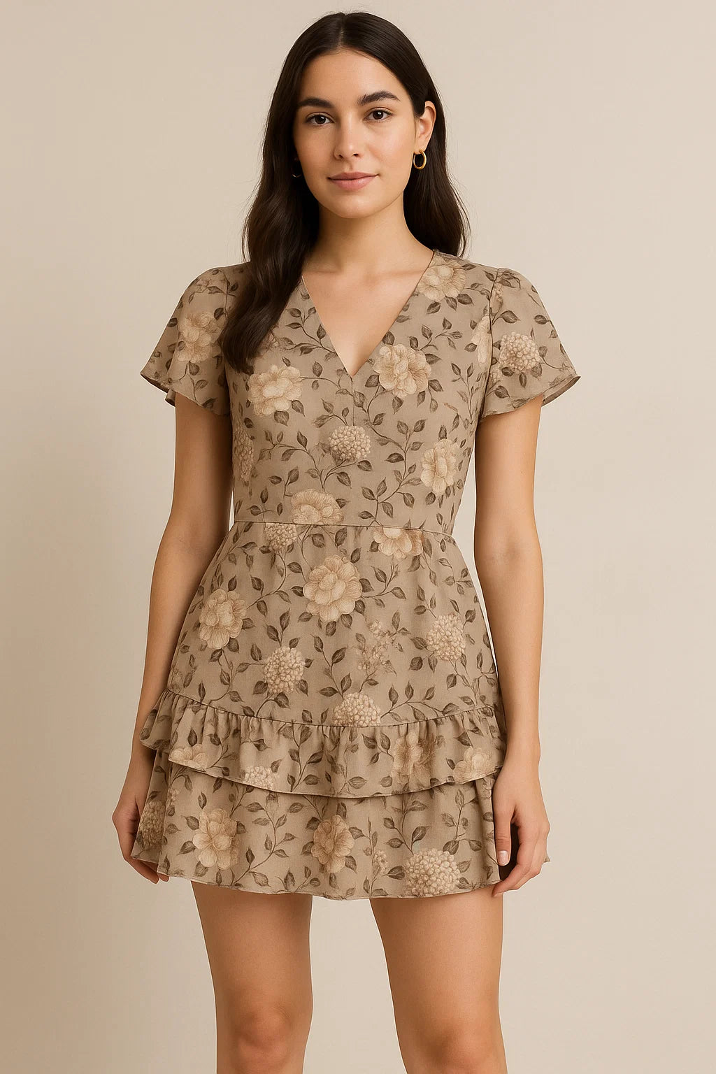 Grayish Orange Roses With Brown Valley Digital Printed Fabric - Pure Georgette