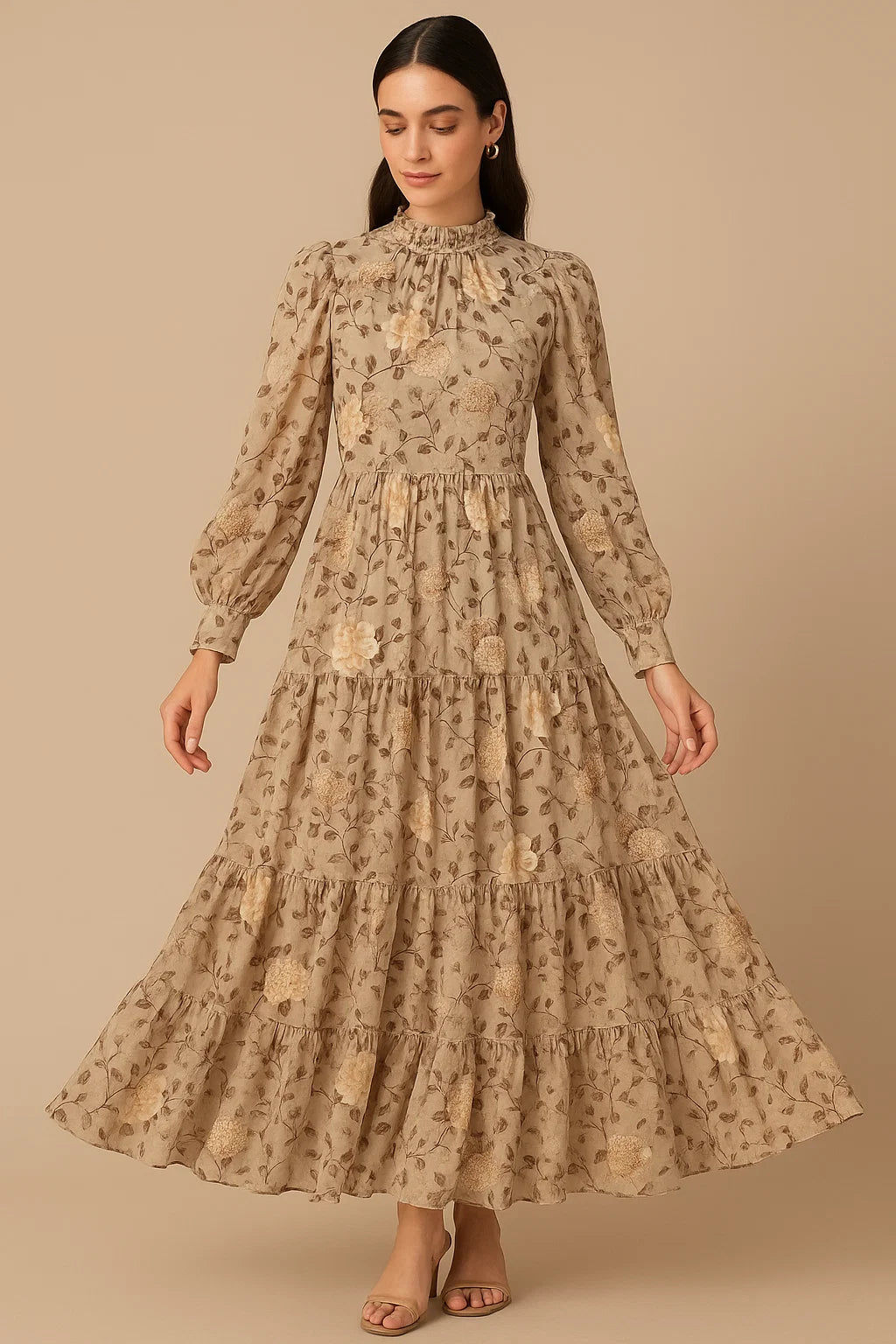 Grayish Orange Roses With Brown Valley Digital Printed Fabric - Pure Georgette