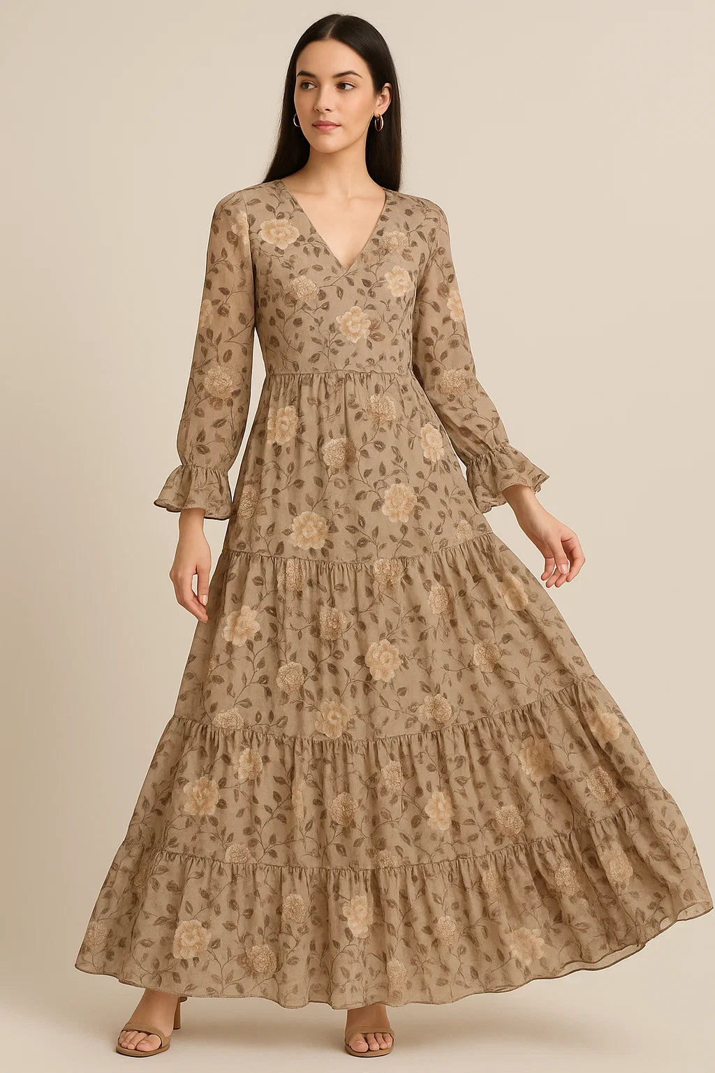 Grayish Orange Roses With Brown Valley Digital Printed Fabric - Pure Georgette