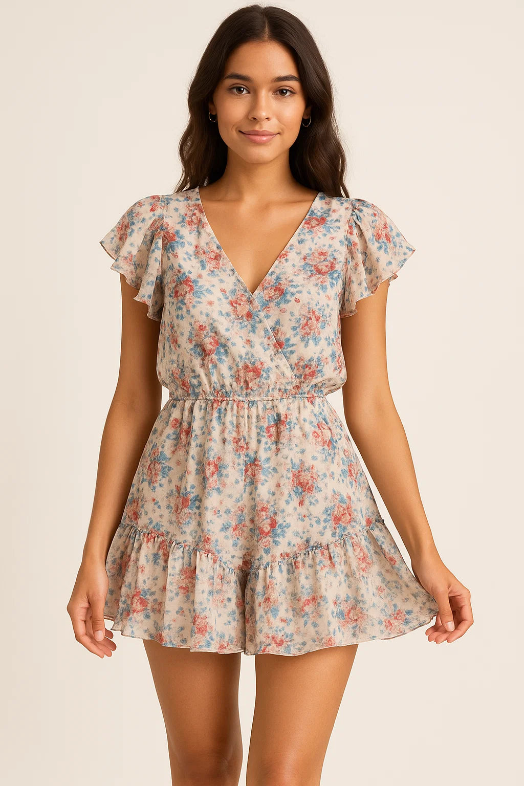 Beautiful Ditsy Flowers On Blue Digital Printed Fabric - Pure Georgette