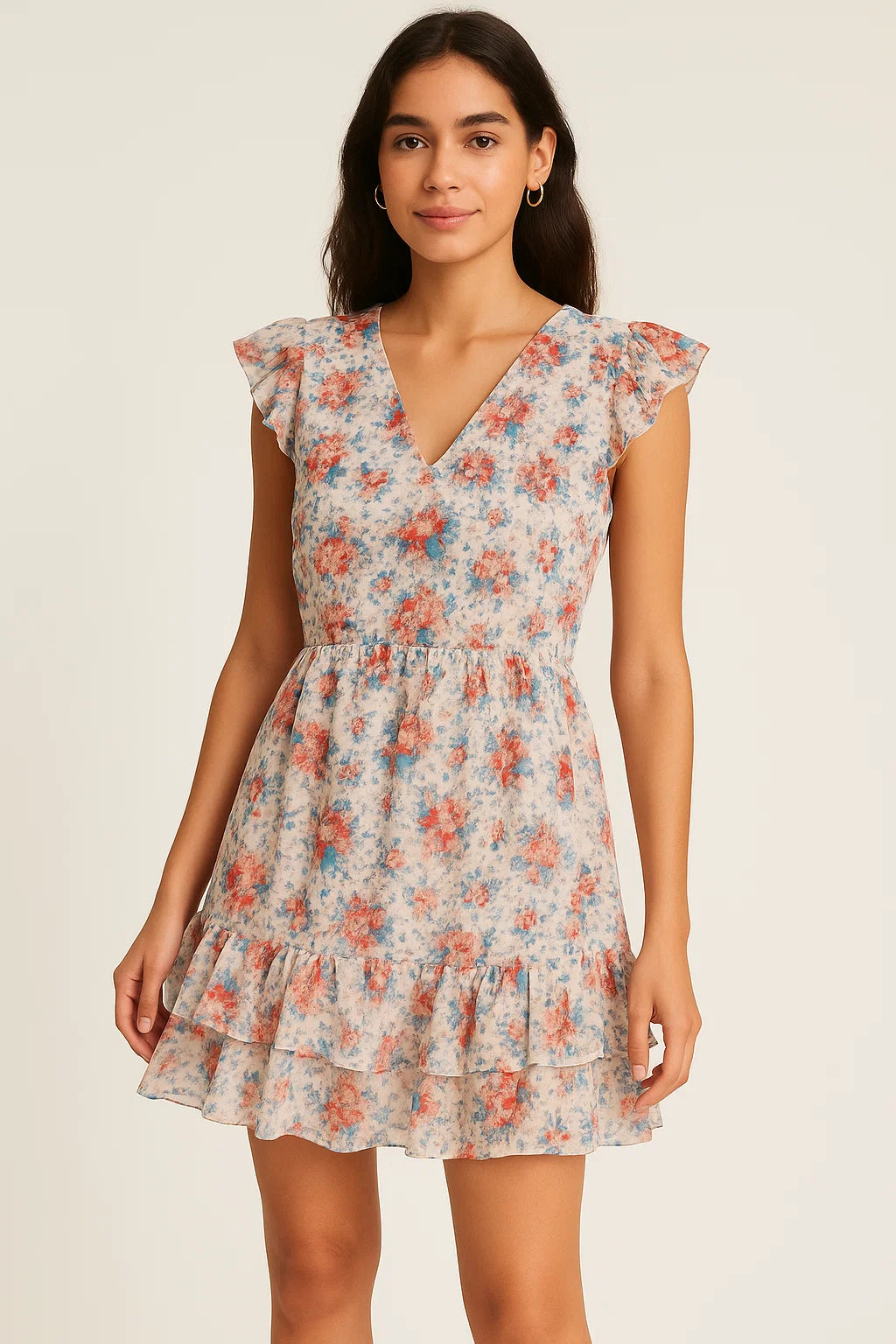 Beautiful Ditsy Flowers On Blue Digital Printed Fabric - Pure Georgette