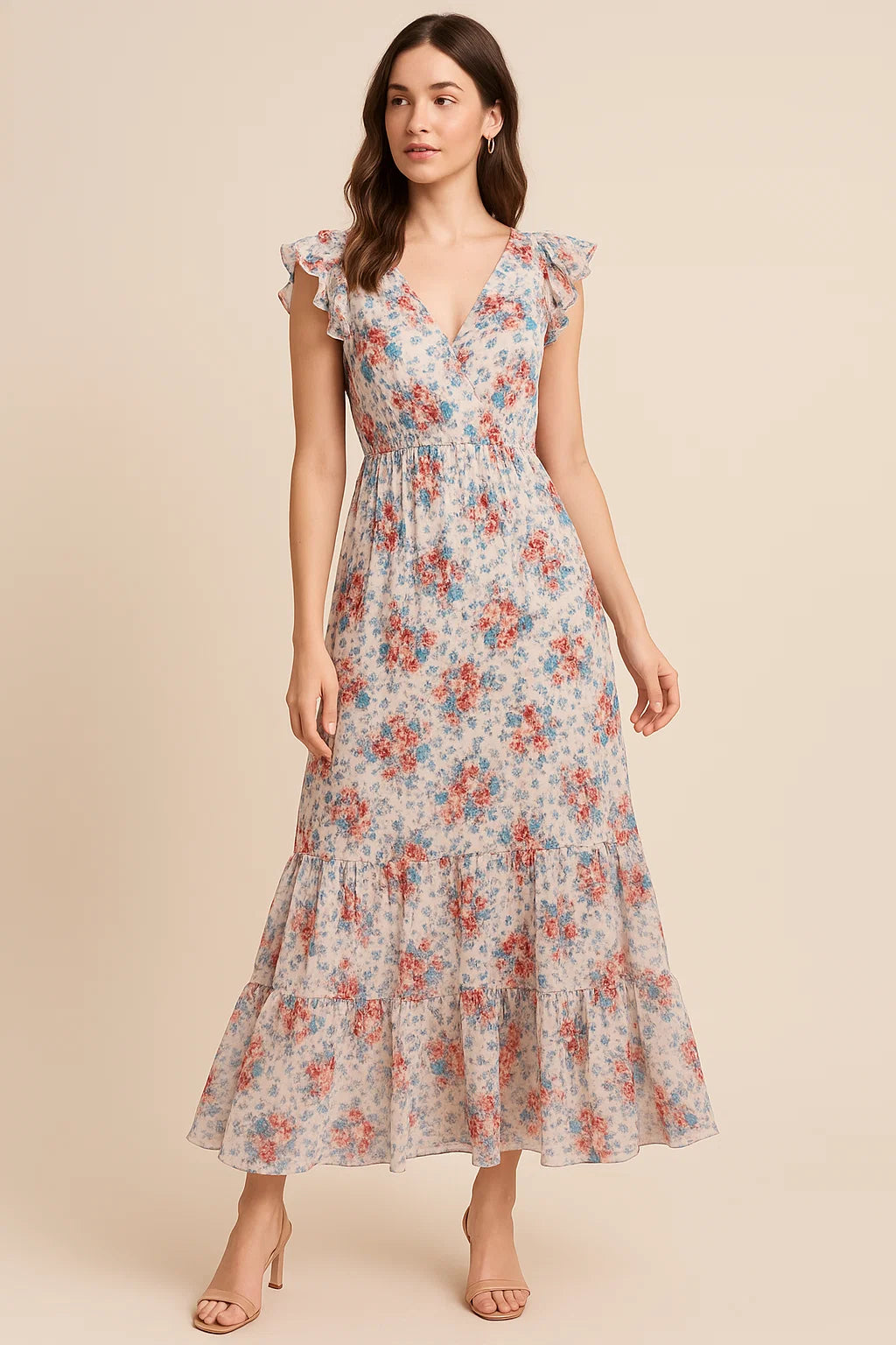 Beautiful Ditsy Flowers On Blue Digital Printed Fabric - Pure Georgette