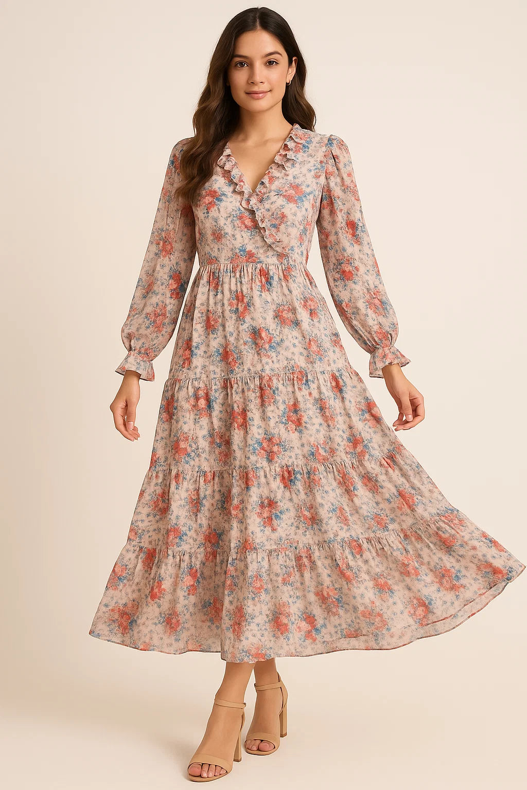 Beautiful Ditsy Flowers On Blue Digital Printed Fabric - Pure Georgette