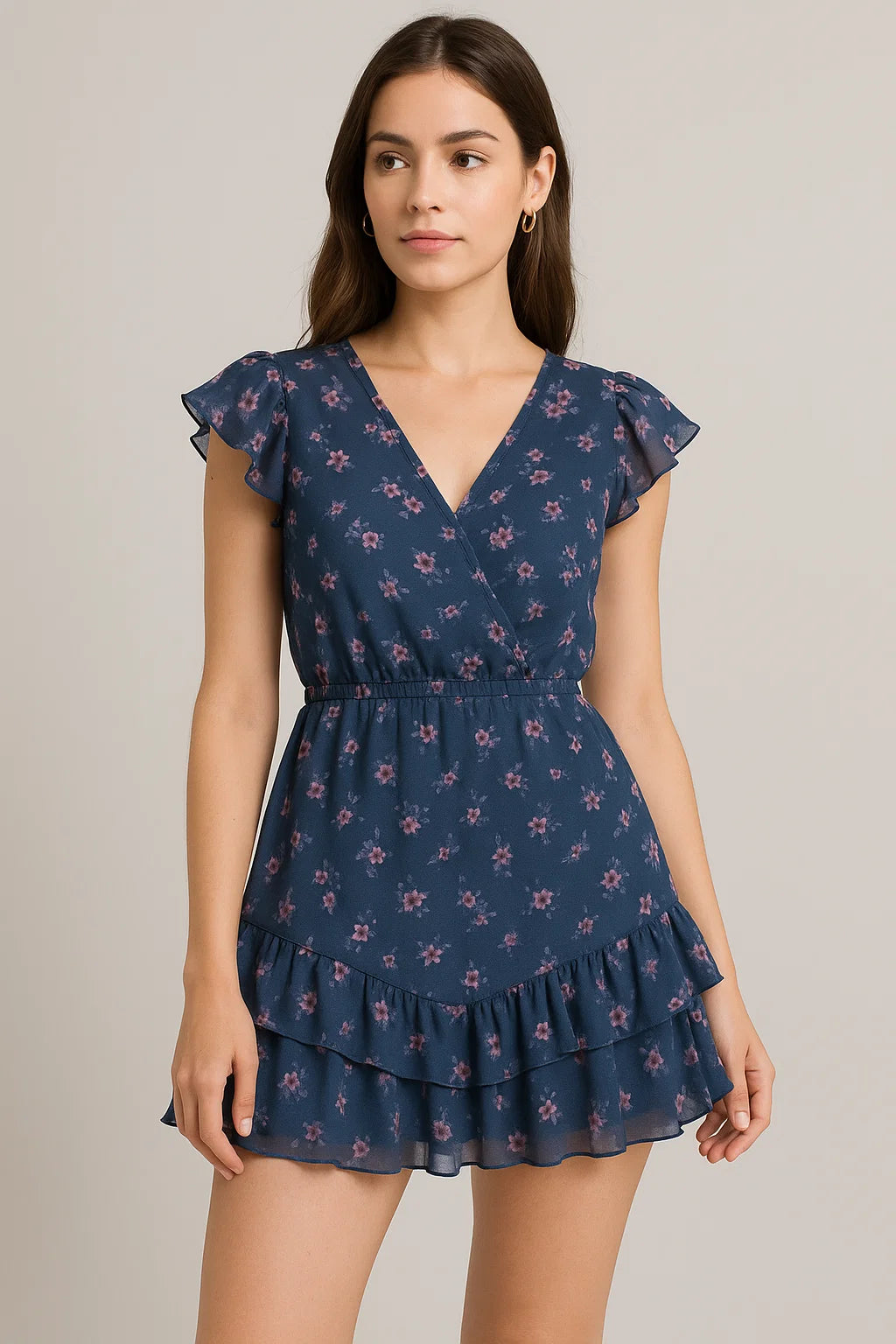 Pinkish Flowers With Neavy Blue Digital Printed Fabric - Pure Georgette