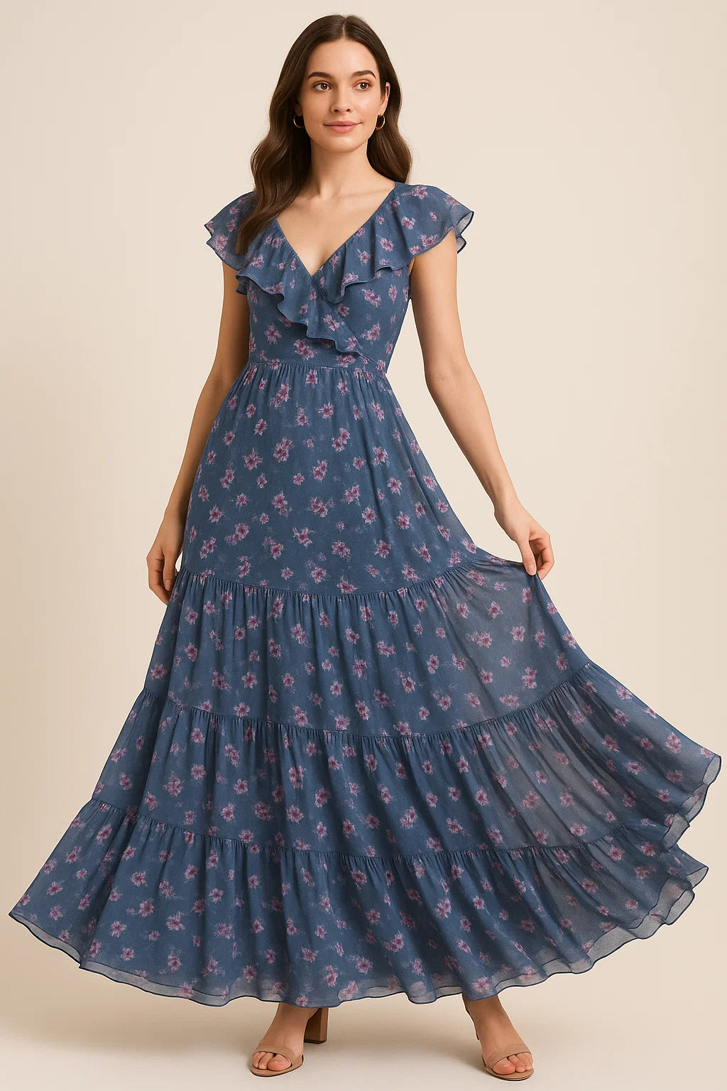 Pinkish Flowers With Neavy Blue Digital Printed Fabric - Pure Georgette