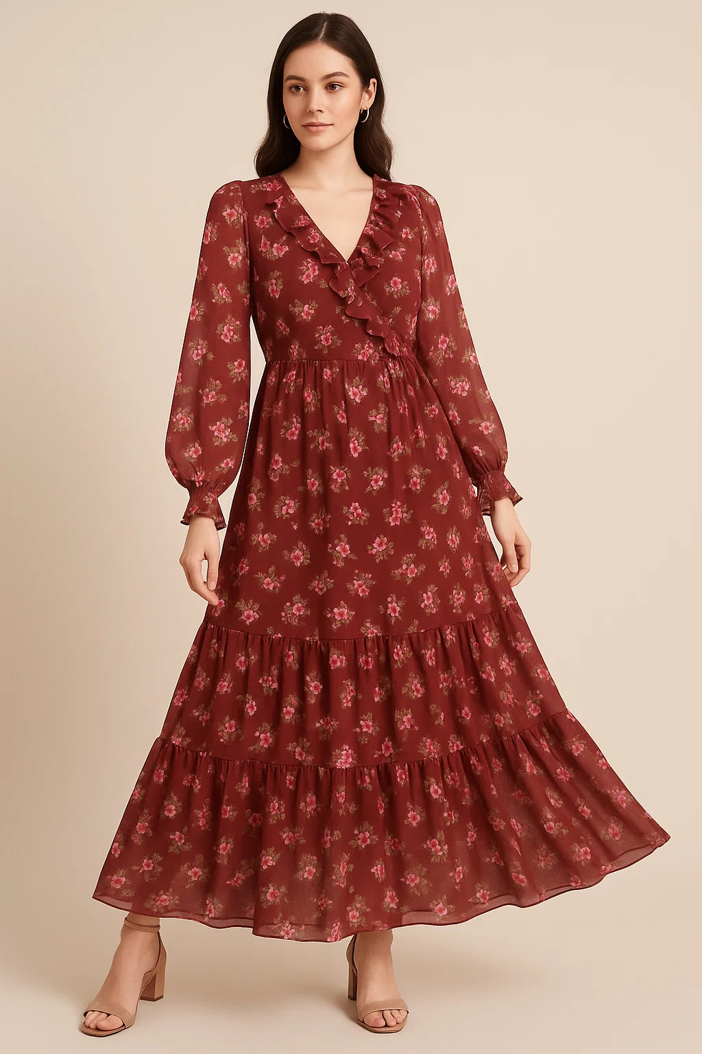 Floating Flowers With Marron Red Digital Printed Fabric - Pure Georgette