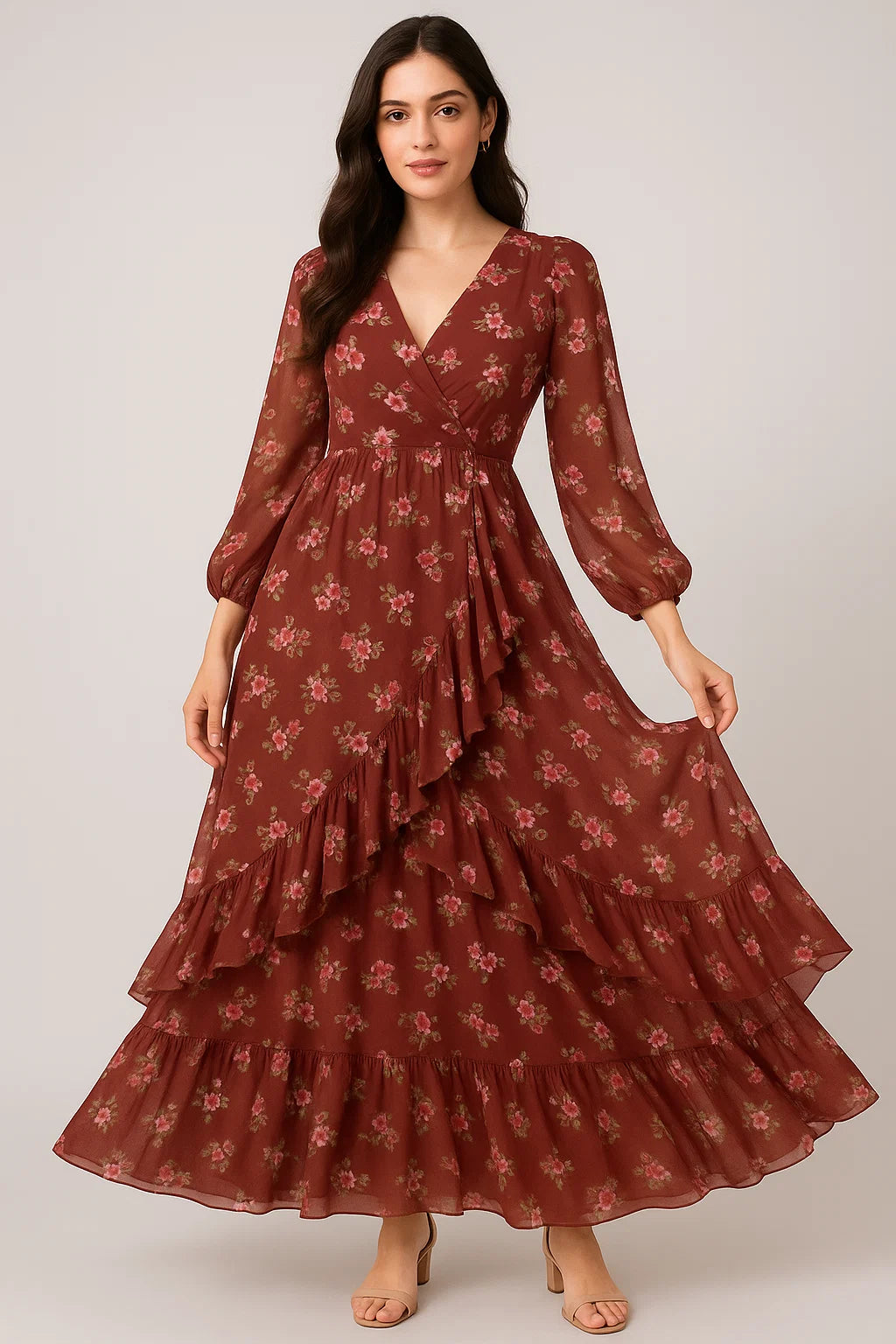 Floating Flowers With Marron Red Digital Printed Fabric - Pure Georgette