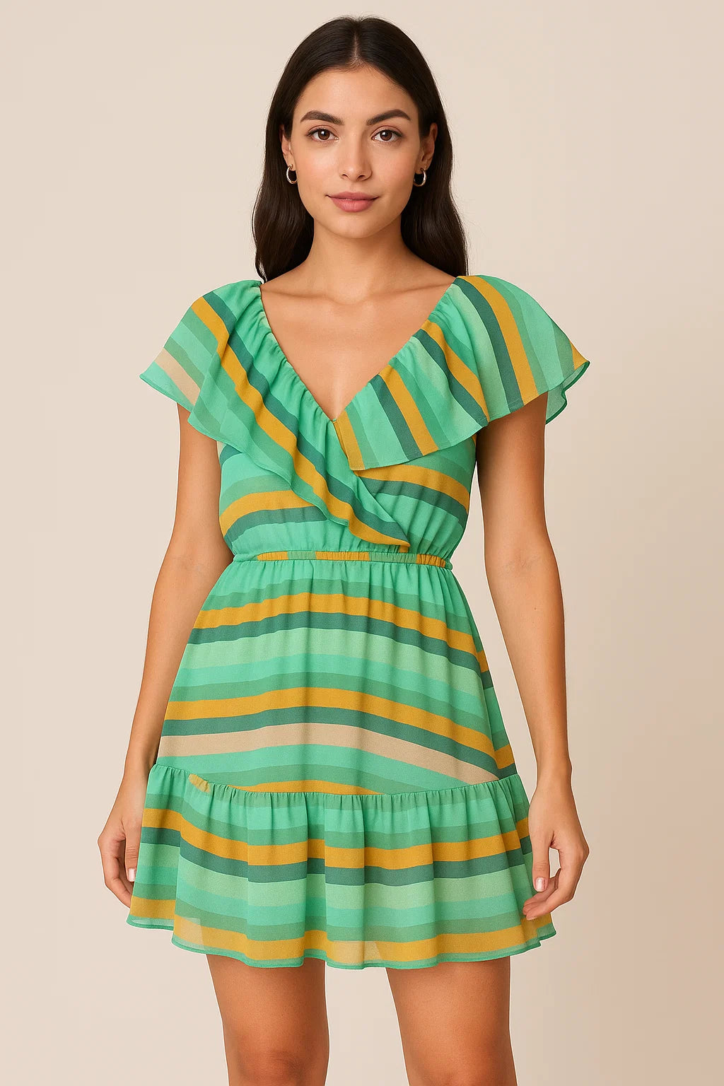 Green And Yellow Stripes Combo Digital Printed Fabric  - Pure Georgette