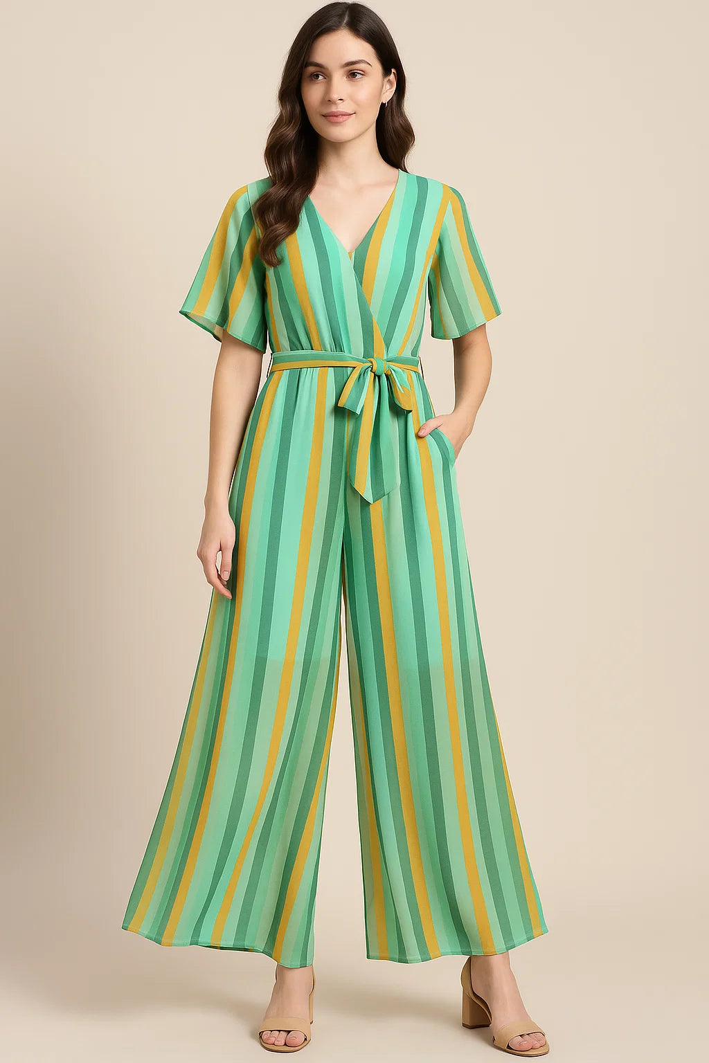 Green And Yellow Stripes Combo Digital Printed Fabric  - Pure Georgette