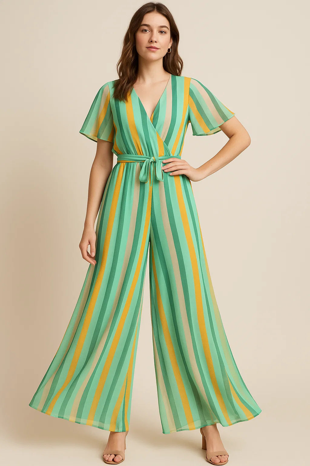 Green And Yellow Stripes Combo Digital Printed Fabric  - Pure Georgette