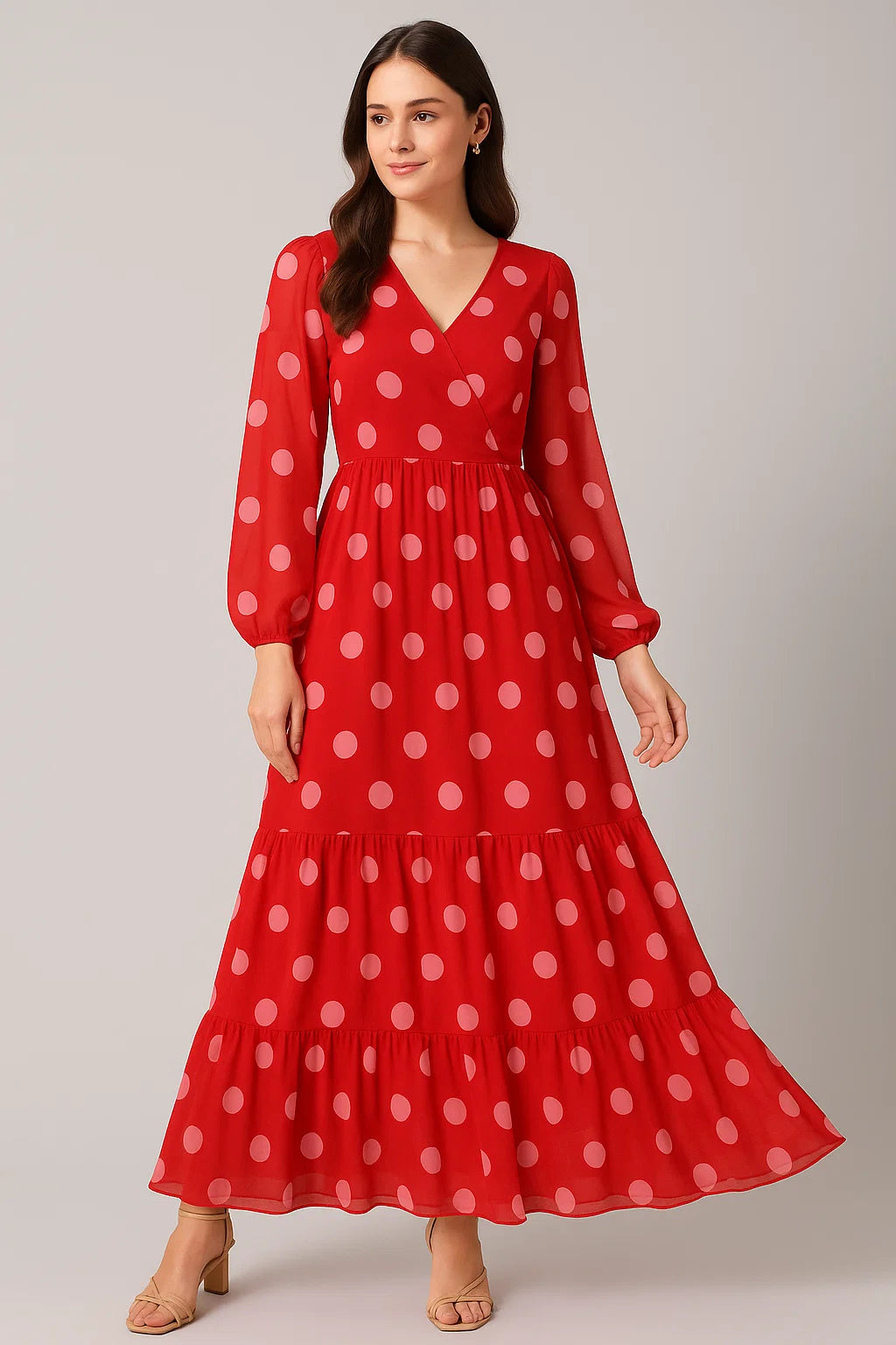 Huge Red Polka Dot Digital Printed Fabric  - Pure Georgette