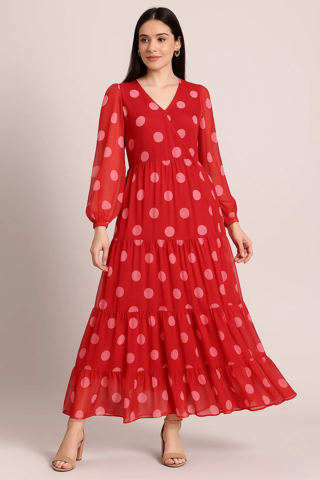 Huge Red Polka Dot Digital Printed Fabric  - Pure Georgette