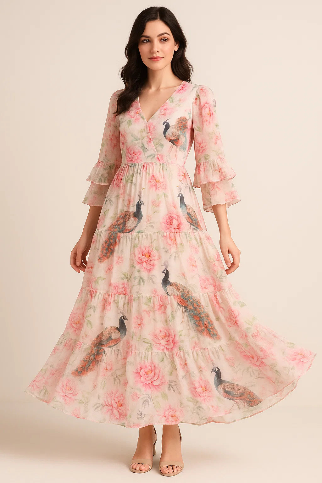 Peacock & Floral Digital Printed Fabric