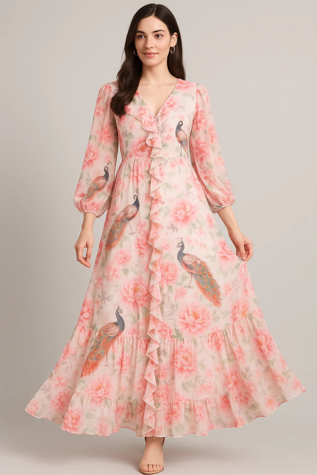 Peacock & Floral Digital Printed Fabric