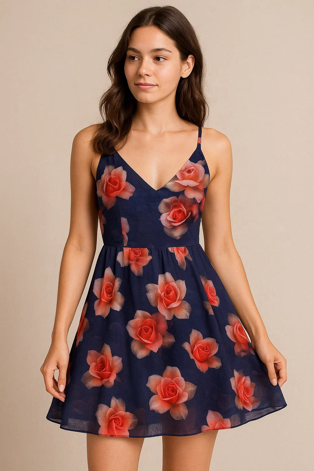 Valvet Blue Background With Creamy Roses Digital Printed Fabric - Pure Cotton