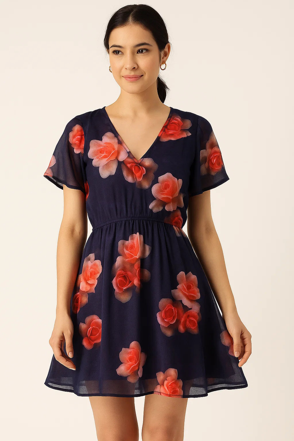 Valvet Blue Background With Creamy Roses Digital Printed Fabric - Pure Cotton