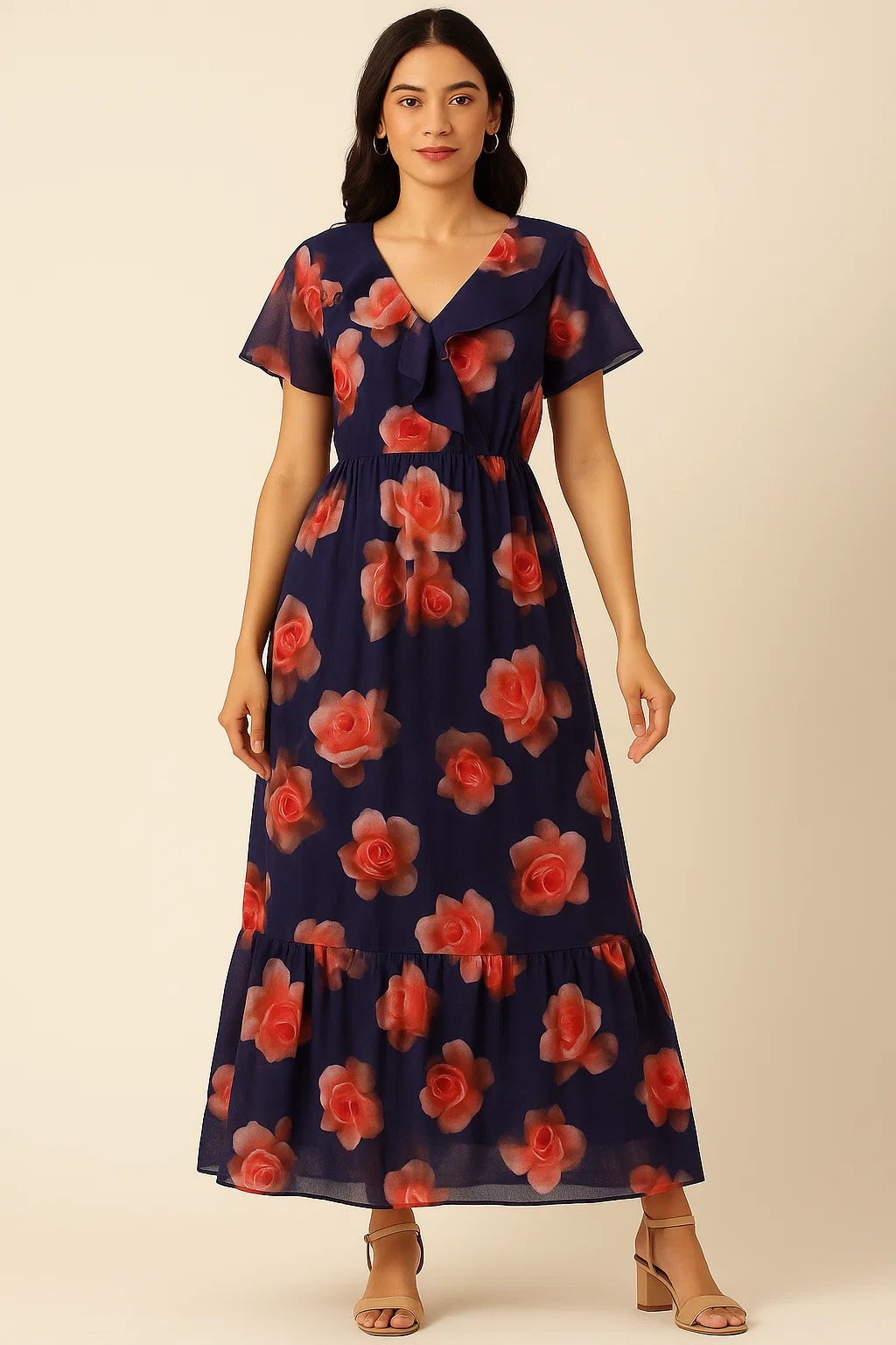 Valvet Blue Background With Creamy Roses Digital Printed Fabric - Pure Cotton