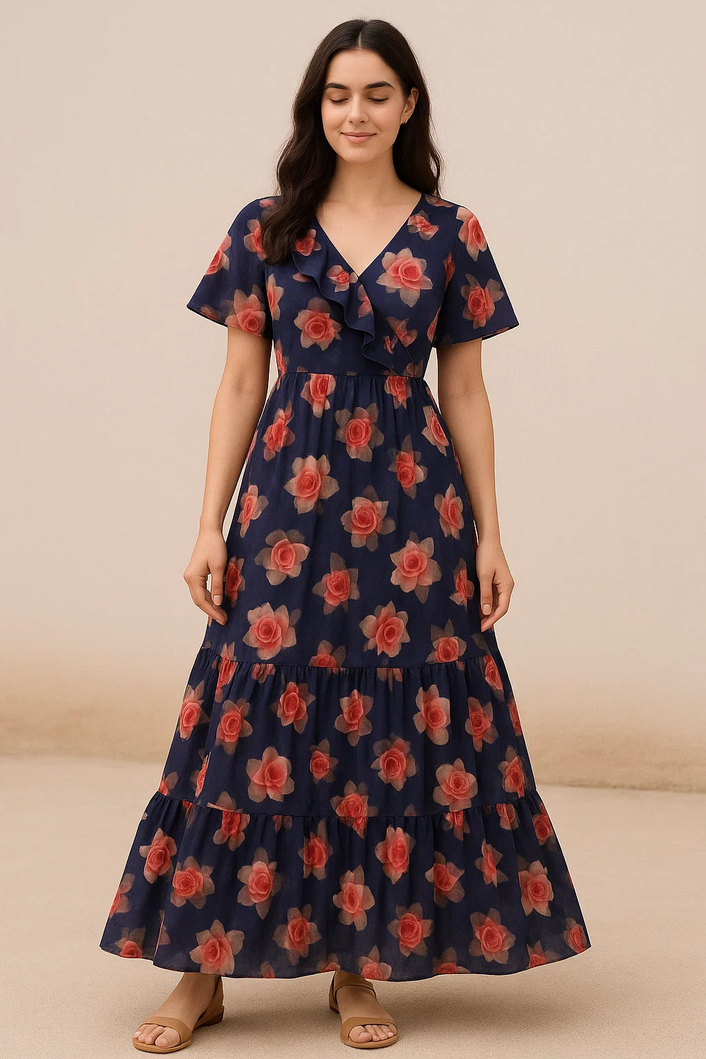 Valvet Blue Background With Creamy Roses Digital Printed Fabric - Pure Cotton