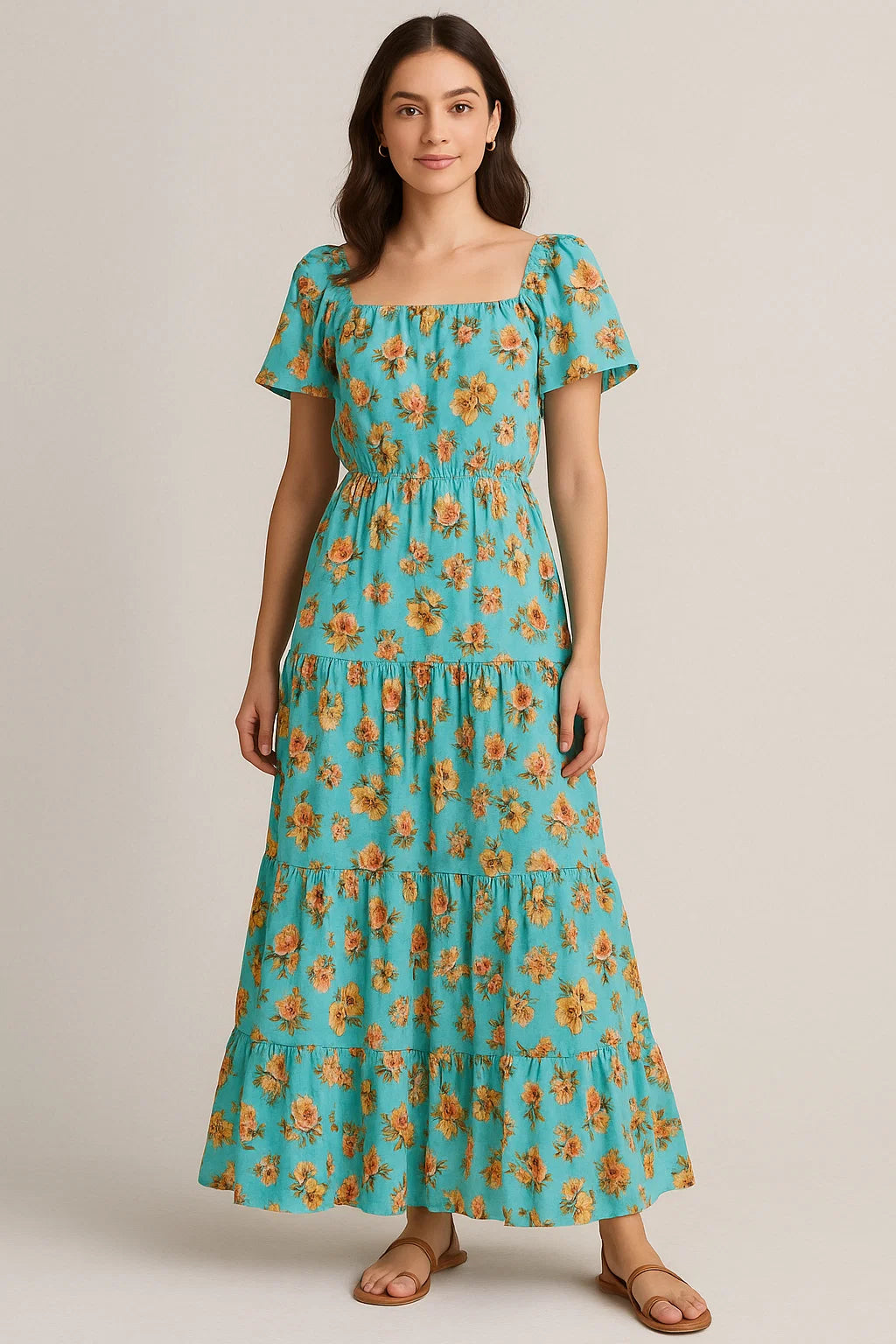 Lovely Periwinkle Flower With Blue Turquoise Digital Printed Fabric - Pure Cotton