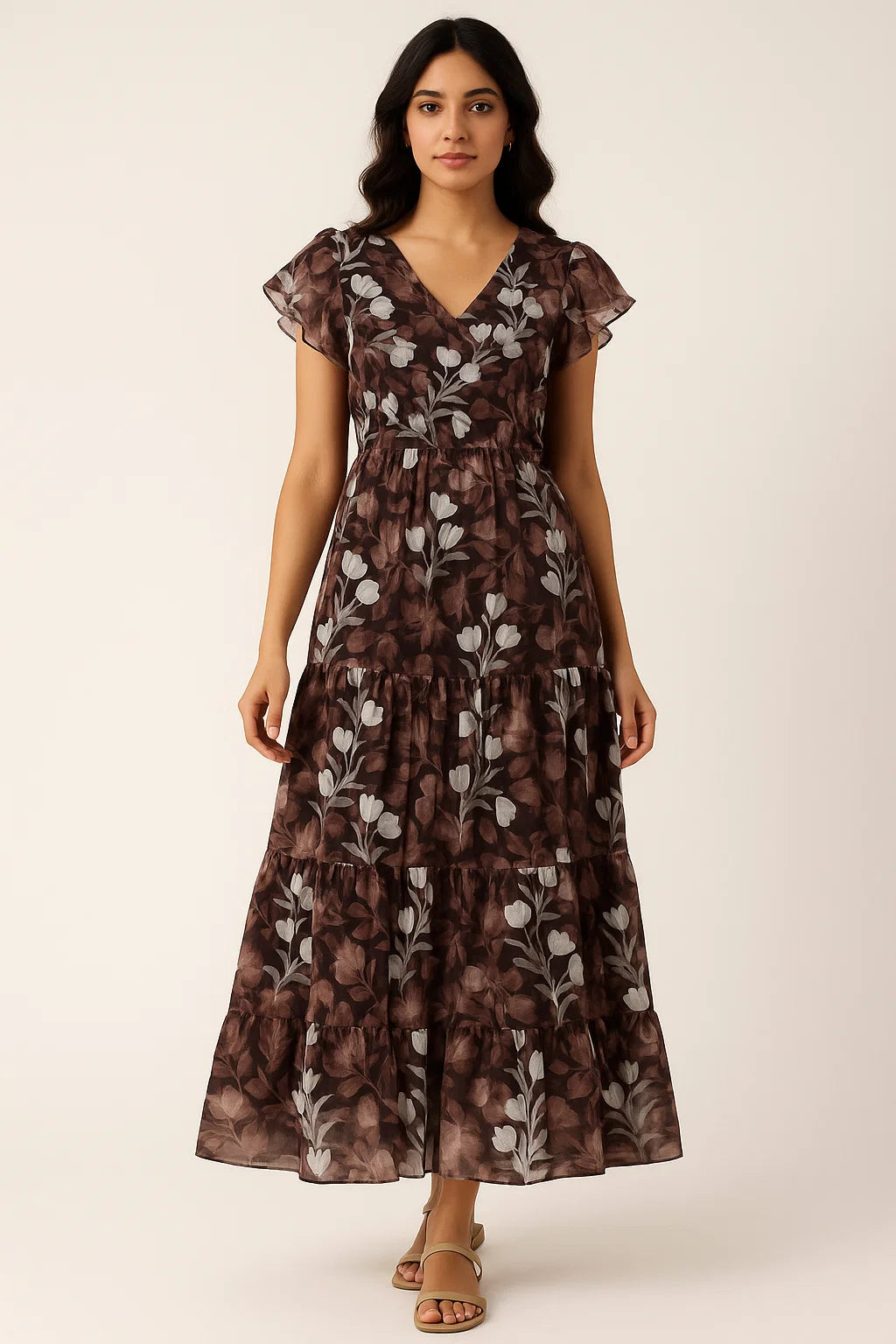 Watercolor Blooming Flower Brown Flower Digital Printed Fabric - Pure Cotton