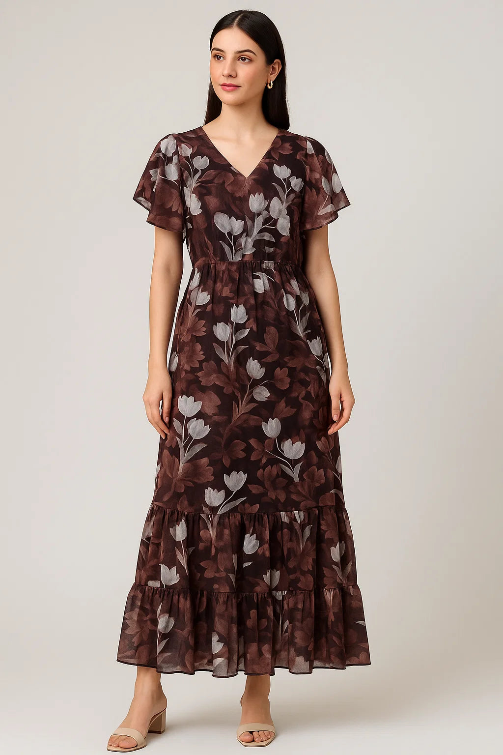 Watercolor Blooming Flower Brown Flower Digital Printed Fabric - Pure Cotton