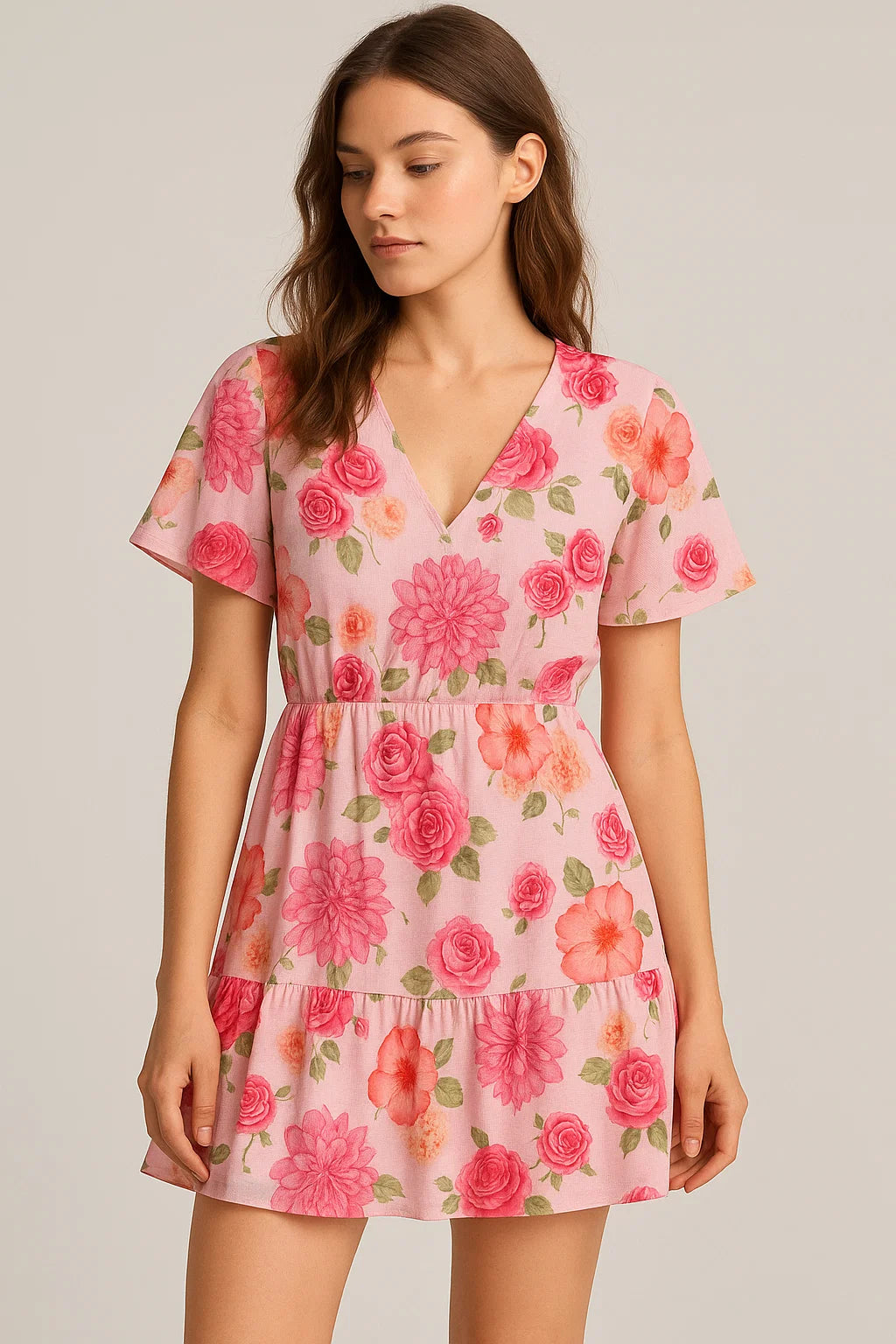 Simple And Beautiful Roses With Pink Lotus Digital Printed Fabric - Pure Cotton